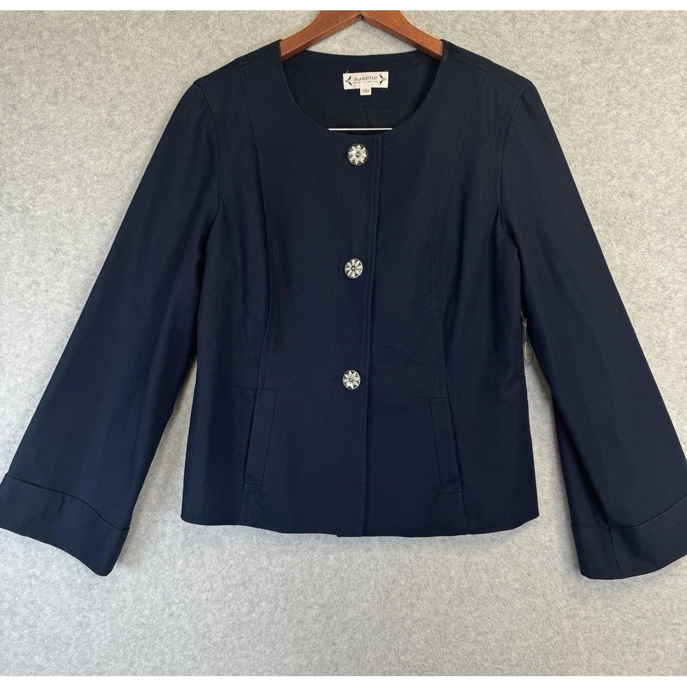 Nanette Lepore Navy Stretch Blazer 12 NWOT Floral Crystal Button Career